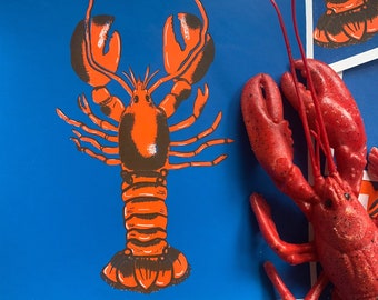 Silkscreen lobster sea decoration crayfish blue red  - handmade , 2 colors silkscreen, limited edition.