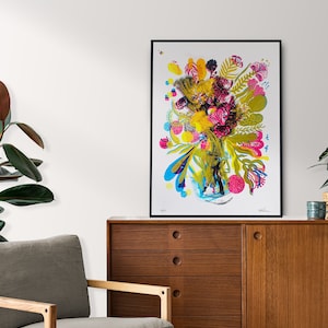 Silkscreen decoration space 4 colors flowers geometric abstract photo CMYK handmade limited edition