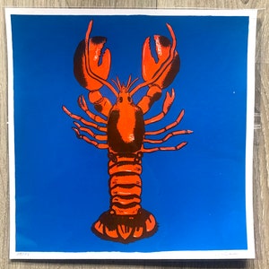Silkscreen lobster sea decoration crayfish blue red handmade , 2 colors silkscreen, limited edition. image 2