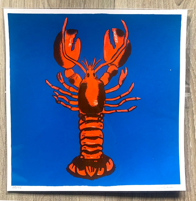 Silkscreen lobster sea decoration crayfish blue red handmade , 2 colors silkscreen, limited edition. image 2