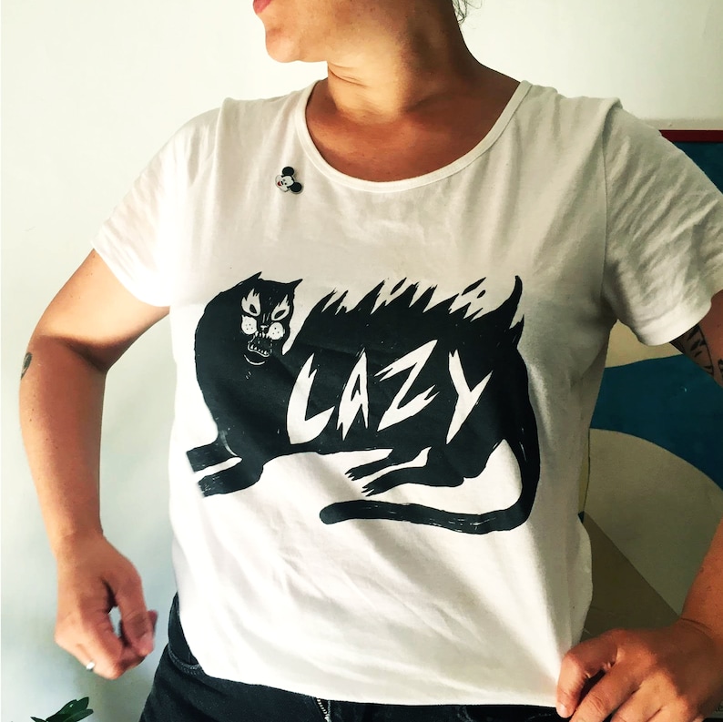 T-Shirt print silkscreen lazy cat rock punk fun black and white different size image 3