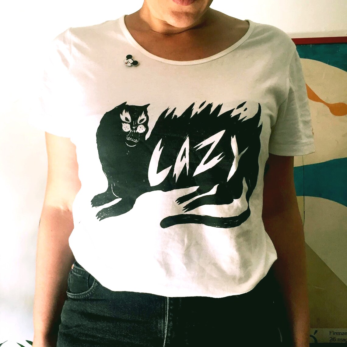 T-shirt Print Silkscreen Lazy Cat Rock Punk Fun Black and White ...