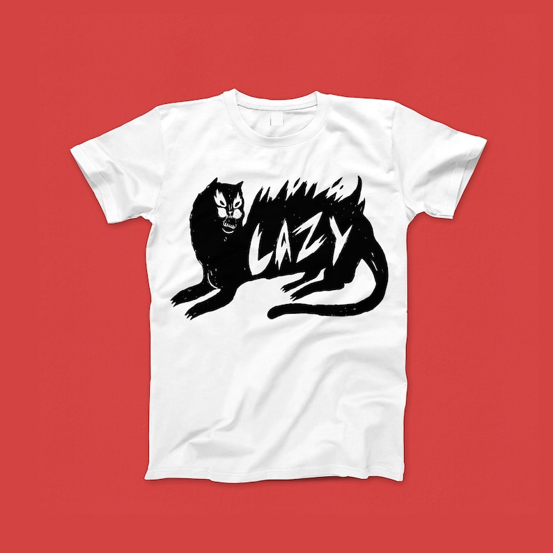 T-Shirt print silkscreen lazy cat rock punk fun black and white different size image 1