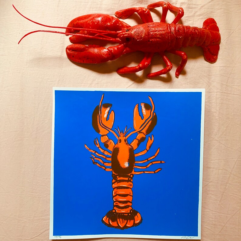 Silkscreen lobster sea decoration crayfish blue red handmade , 2 colors silkscreen, limited edition. image 3