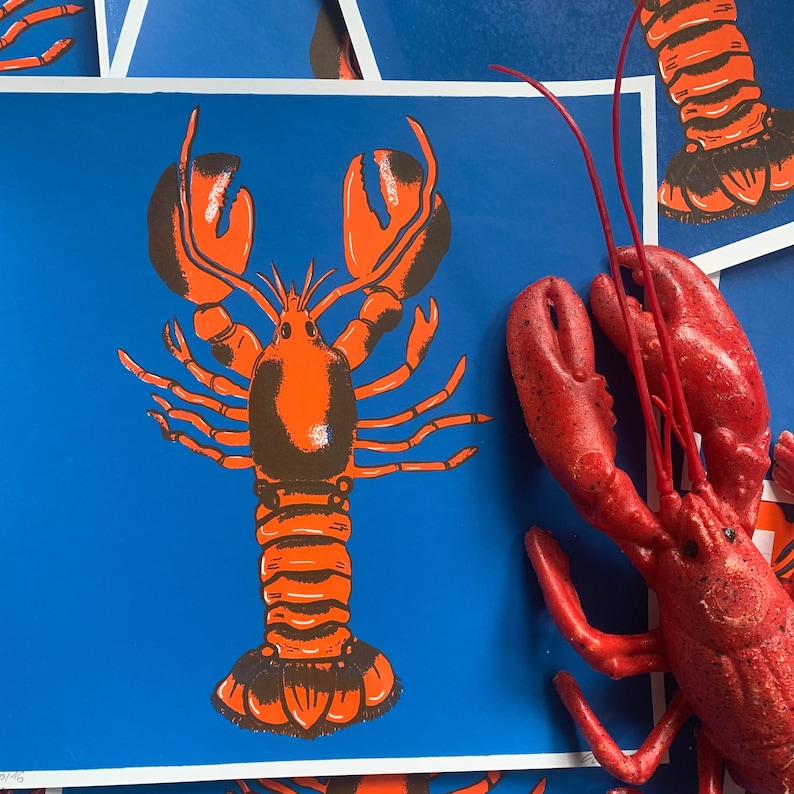 Silkscreen lobster sea decoration crayfish blue red handmade , 2 colors silkscreen, limited edition. image 1