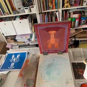 Silkscreen lobster sea decoration crayfish blue red handmade , 2 colors silkscreen, limited edition. image 4