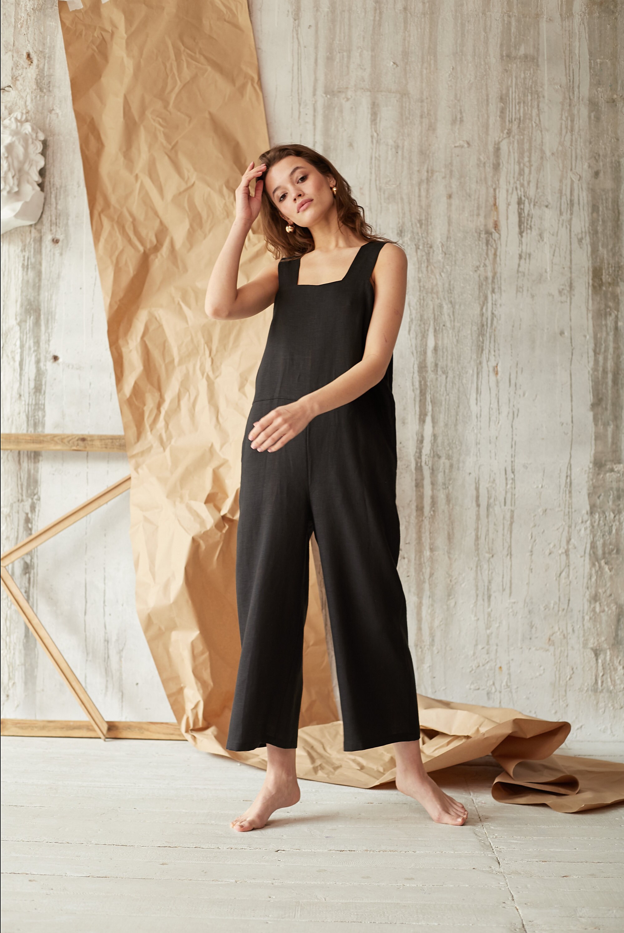 Black linen jumpsuit Oversized jumpsuit Summer jumpsuit Etsy