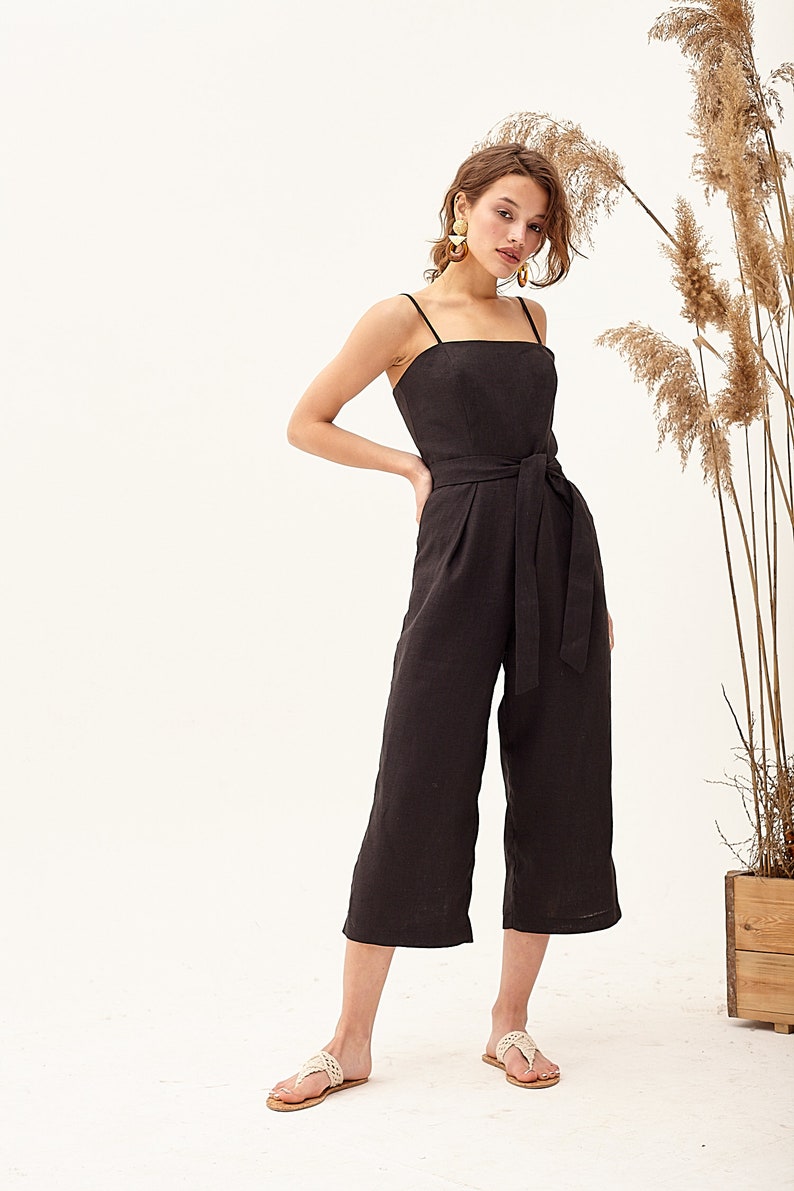 Black linen jumpsuit culotte jumpsuit cropped jumpsuit Wide | Etsy