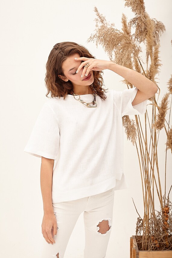 White Linen Blouse Flax Linen Shirt 