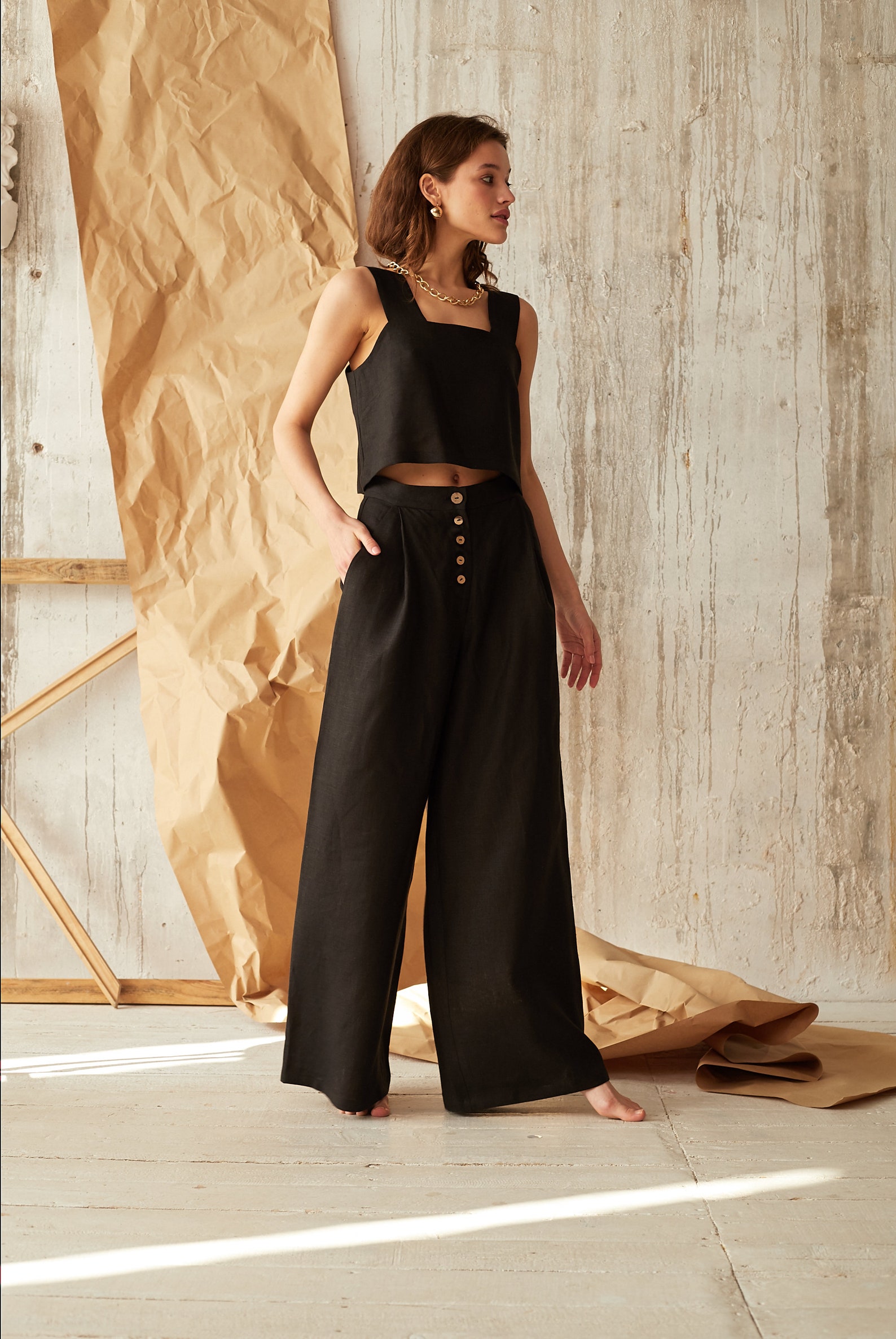 Black Linen Crop Top, Square Neck Top, Cropped Linen Shirt, Loose Linen — free download
