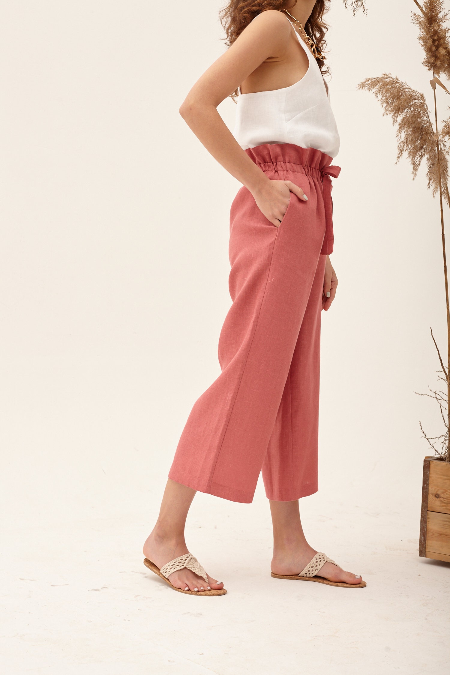 womens pink linen pants