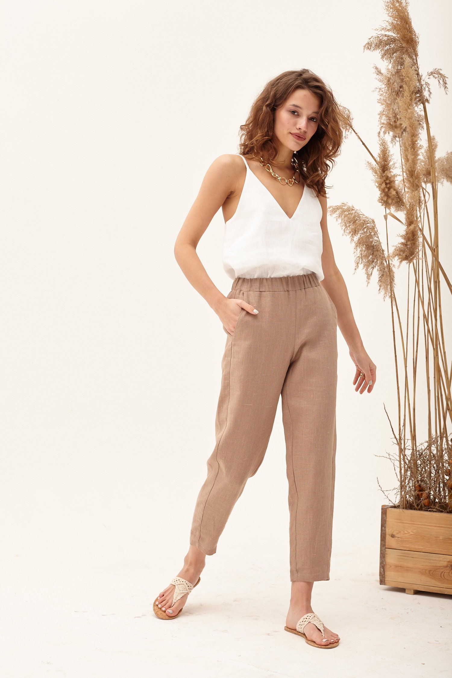 Khaki linen pants high waisted pants linen clothing linen Etsy