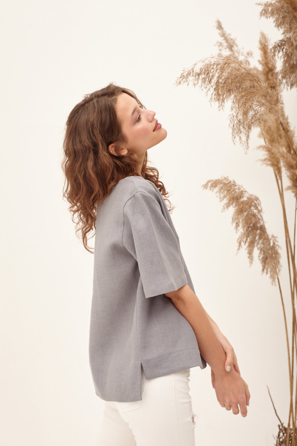 Grey Blouse Linen Tops For Women Womens Linen Shirt Loose Etsy