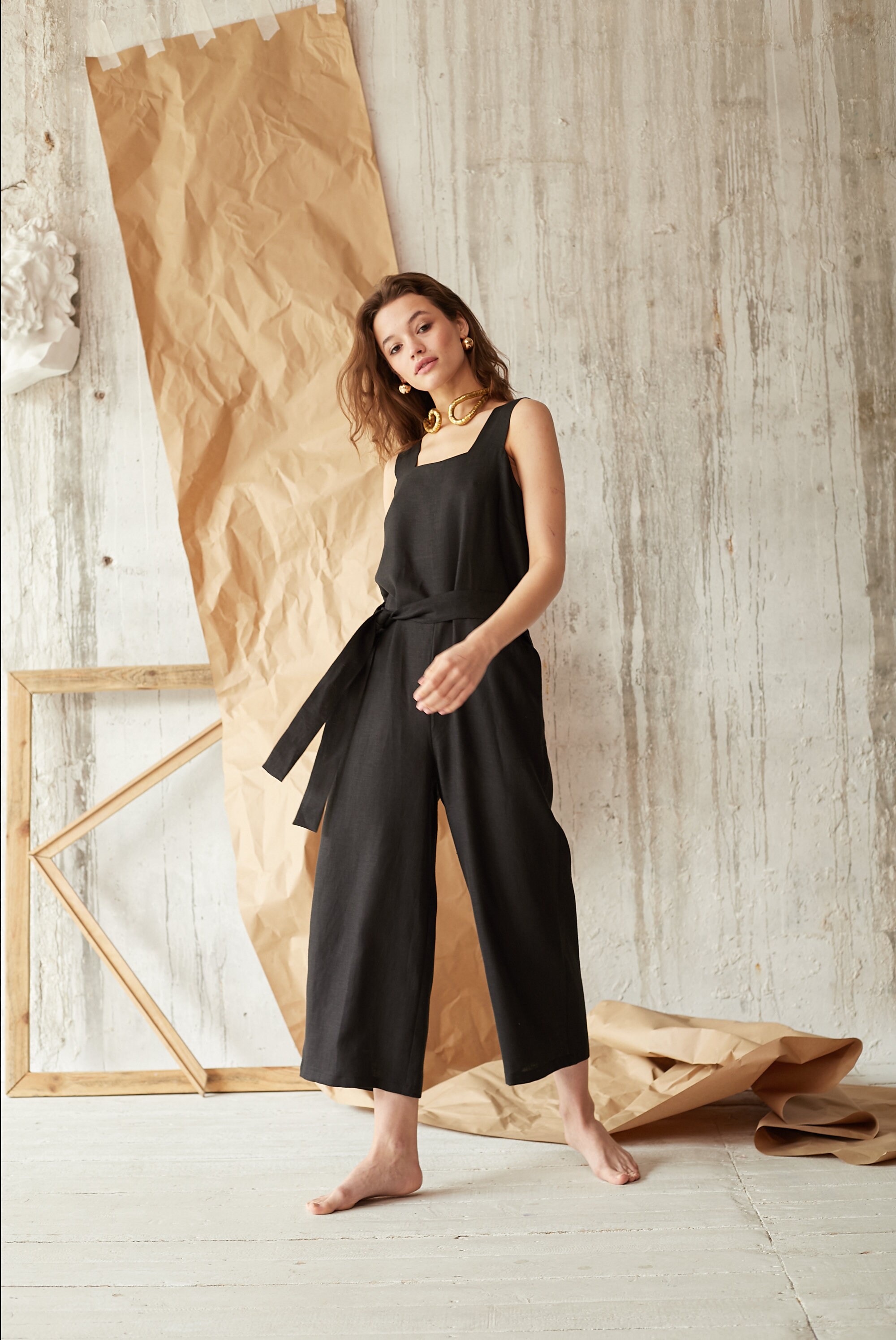 Black linen jumpsuit Oversized jumpsuit Summer jumpsuit Etsy