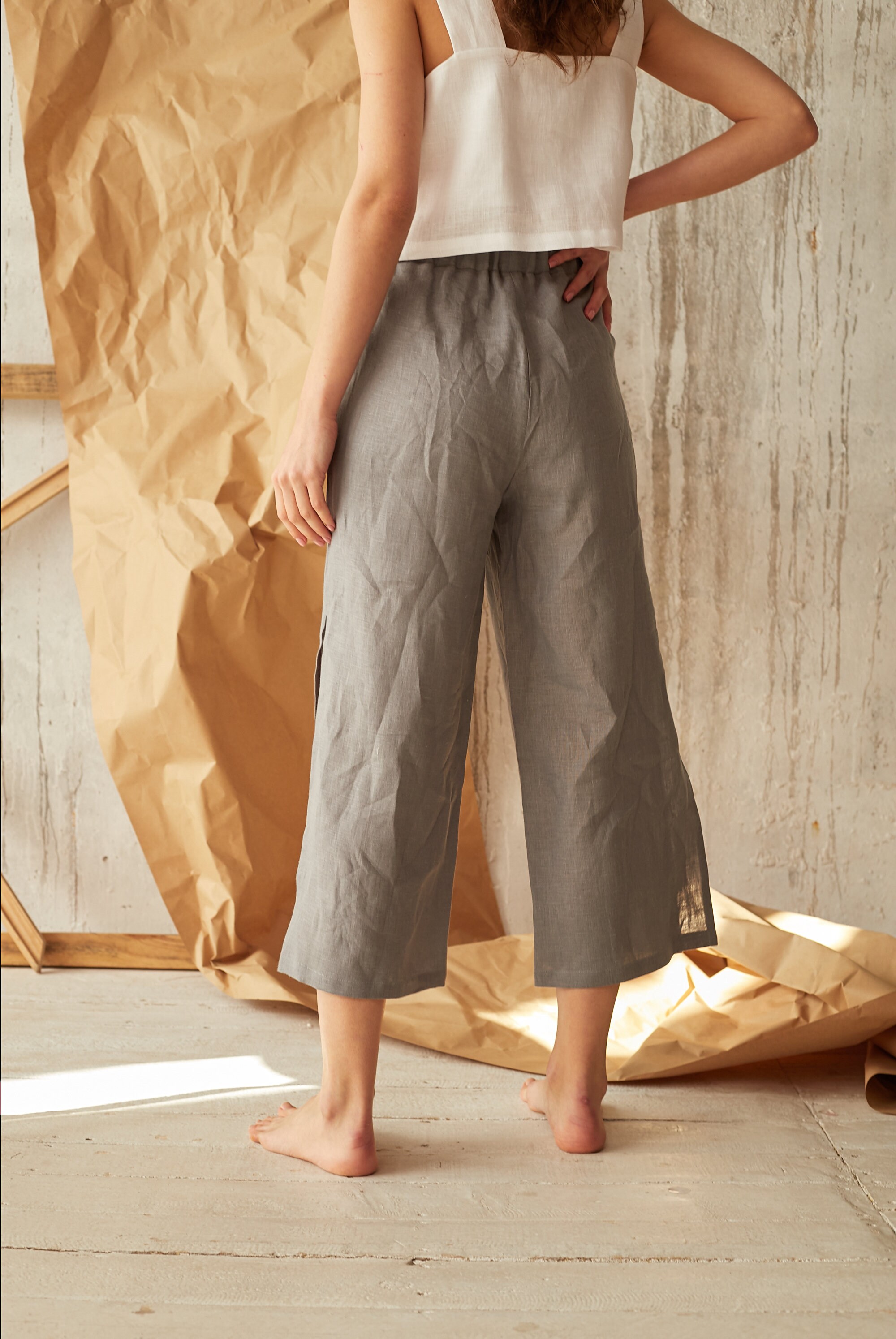 Gray Linen Pants Flowy Summer Pants Summer Culottes Formal Etsy