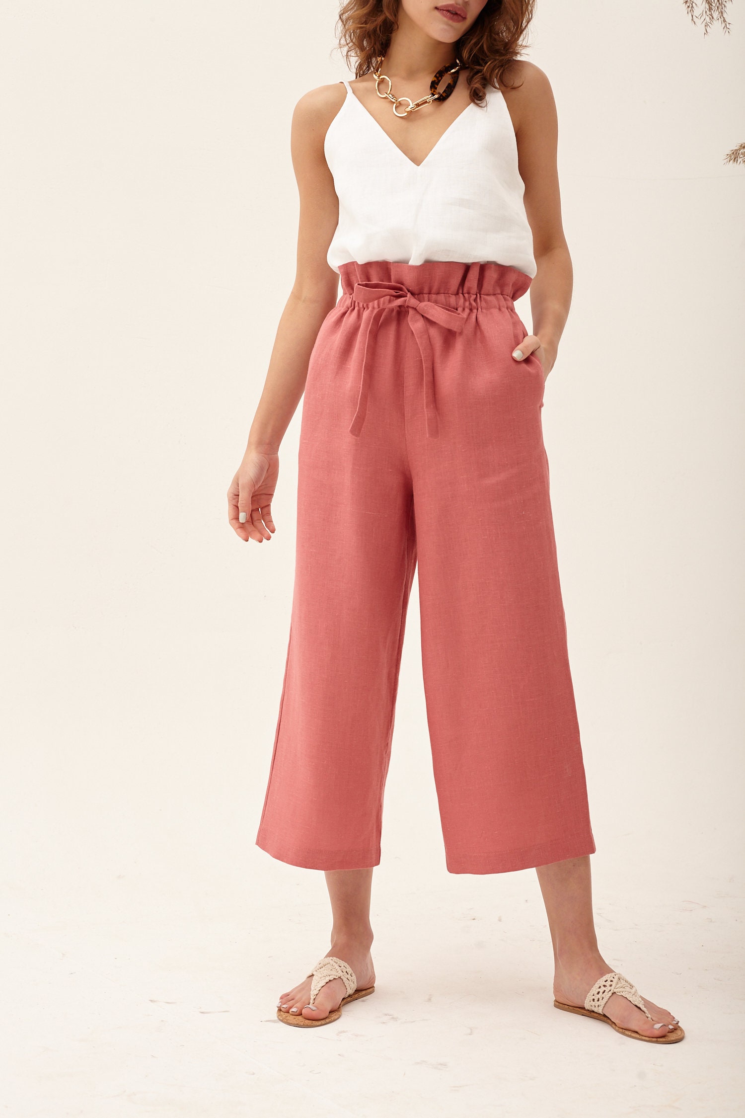 womens pink linen pants