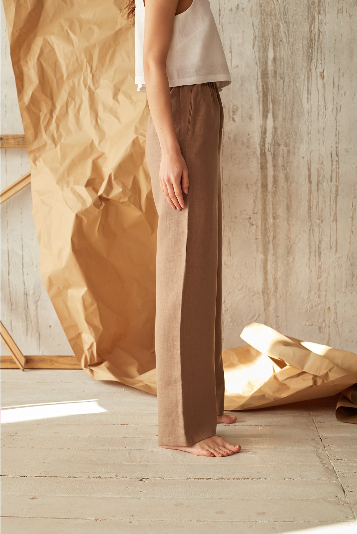 tan linen trousers