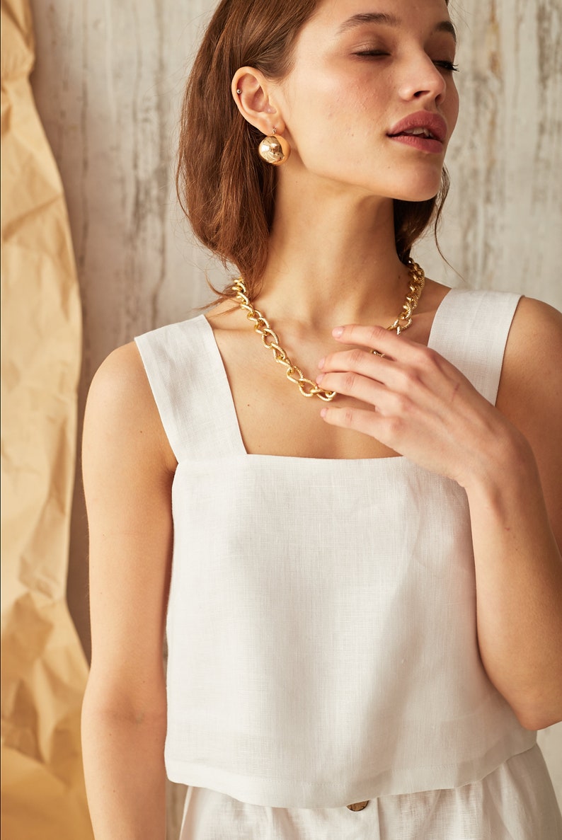 White linen crop top loose linen top Square Neckline Top Etsy