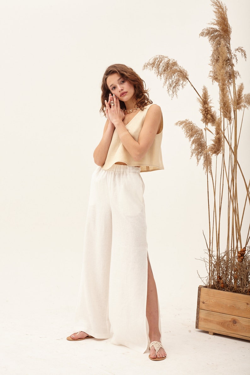 White Pants Linen Beach Pants High Waisted Pants Gaucho Etsy