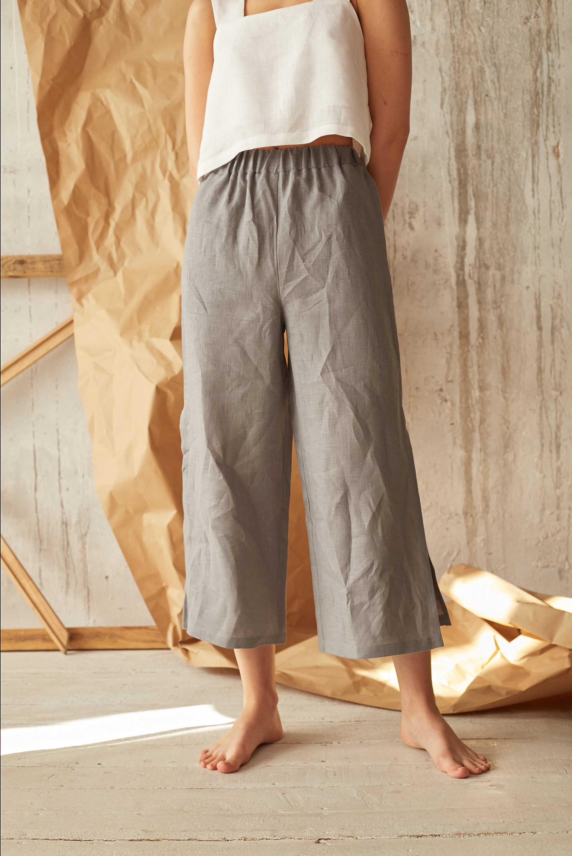 Gray linen pants flowy summer pants summer culottes formal | Etsy