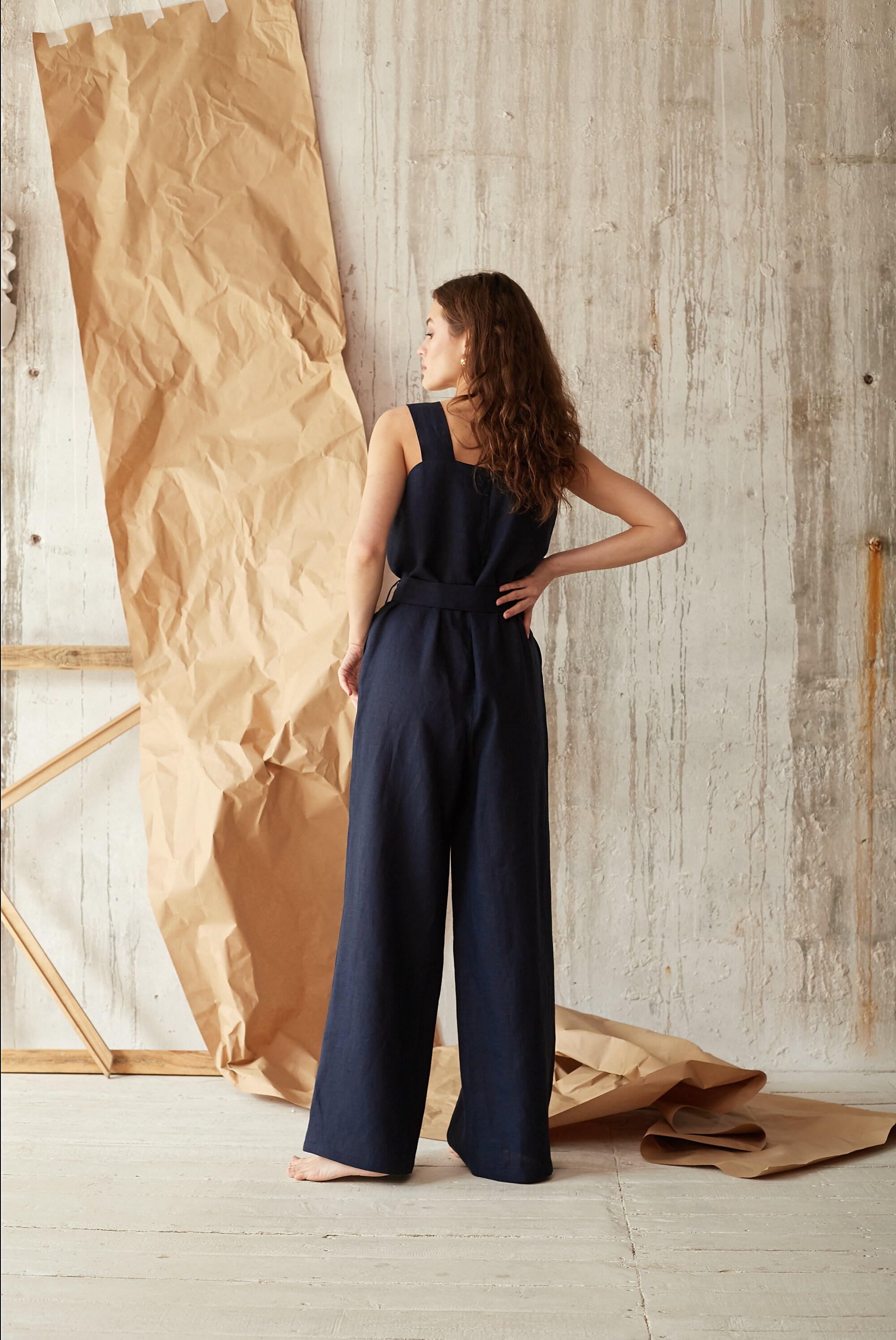 Navy Jumpsuit Rompers for women Linen Clothing Summer | Etsy