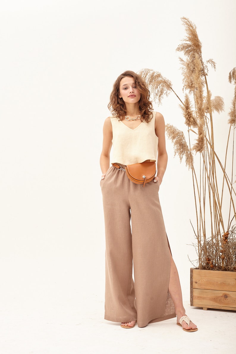 palazzo pants baggy culottes formal culottes elegant linen pants Tan linen pants gaucho pants flowy summer pants linen beach pants