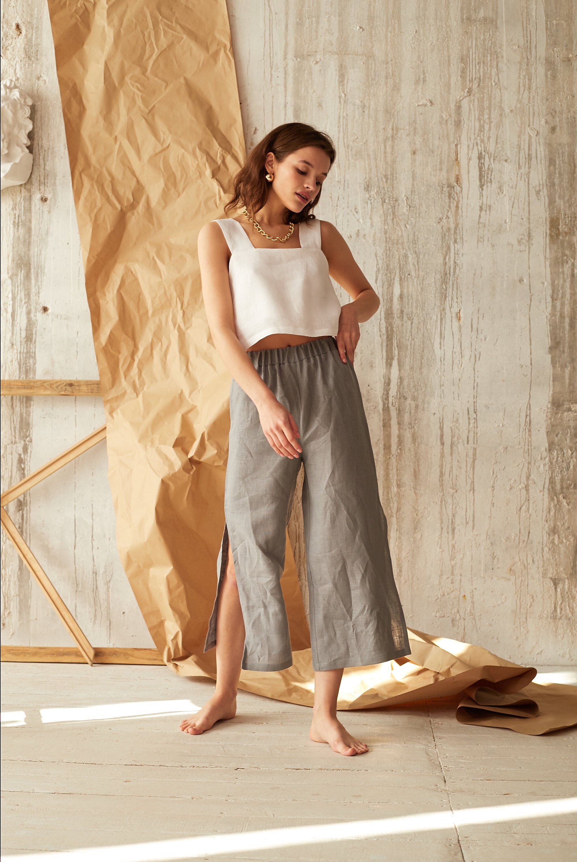 Gray Linen Pants Flowy Summer Pants Summer Culottes Formal Etsy
