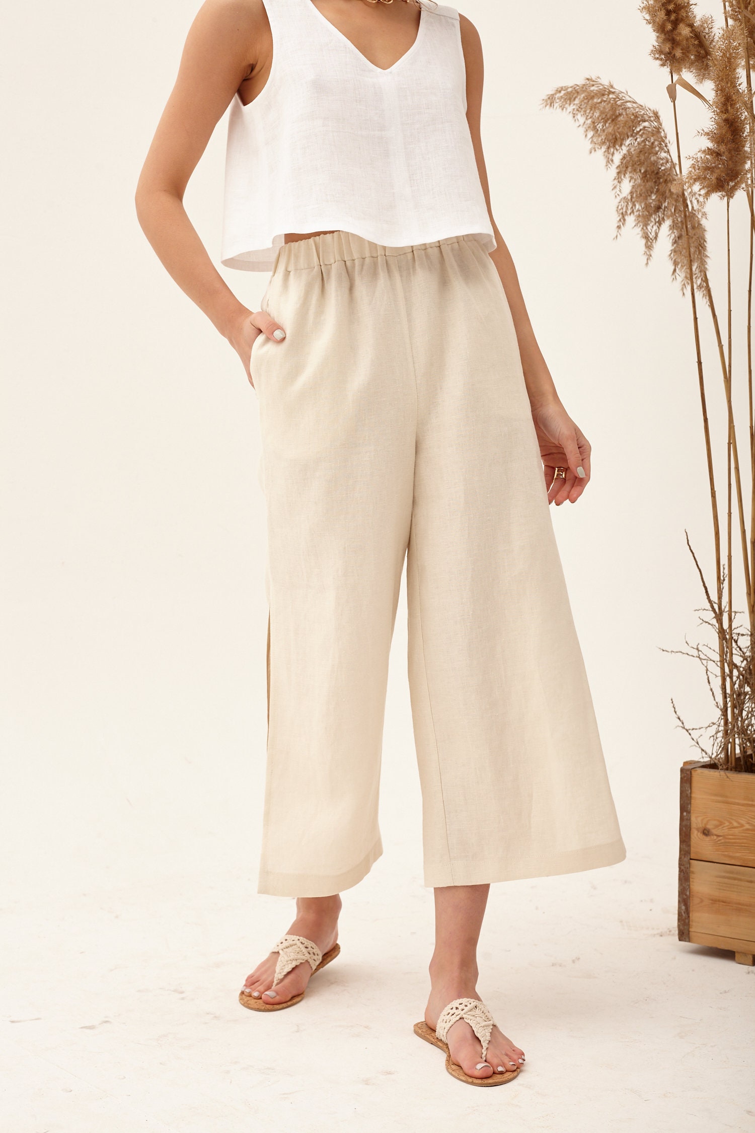 Beige Flowy Pants High Waisted Pants Gaucho Pants Palazzo Etsy