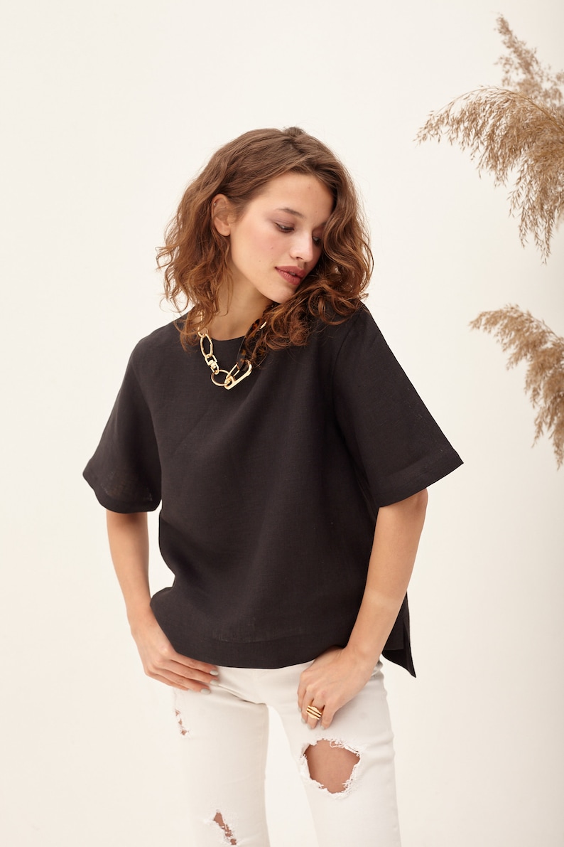 Black Linen Blouse Boxy Linen Blouse Loose Linen Shirt Etsy