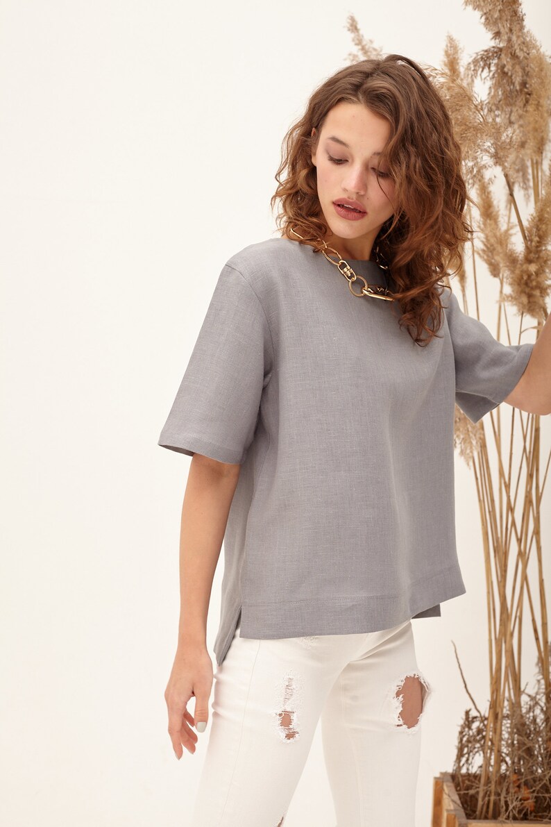 Grey Linen Shirt Gray Blouse Pure Linen Clothing Loose | Etsy
