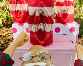 All The Jingle Ladies: A Candy Cane Yoni Vulva Pillar Candle Gift