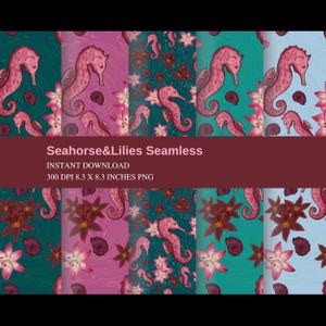 Puede incluir: Diseños de patrones sin costuras con caballitos de mar y lirios rosas sobre varios fondos. Los patrones incluyen tonos turquesa, rosa y azul. El texto "Seahorse & Lilies Seamless" y "300 DPI 21.08 x 21.08 CM PNG" es visible.
