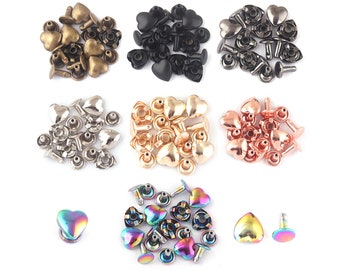 Rainbow Heart Shape Rivets - 10mm Metal Heart Rivet for Belt Clothes Purse Handbag Leather Craft DIY Handmade Accessories