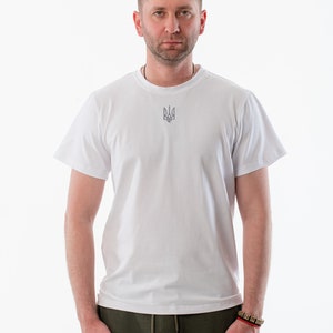 Ukraine High quality Cotton T-shirt for Men, Zelensky T-shirt, T-shirt with embroidery &quot;Classic Trident&quot; white, Ukrainian Trident T-shirt