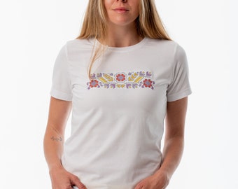 Ukraine Cotton T-Shirt for Women, Ukrainian Traditional Ornament T-Shirt with embroidery "Polyova" white, T-Shirt Vyshyvanka