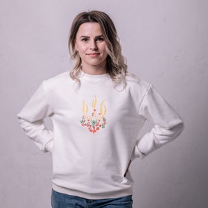 Ukraine Cotton Sweatshirt for Women, Sweatshirt with embroidery &quot;Trident Red Viburnum&quot; white, Ukrainian Trident Sweatshirt, Support Ukraine
