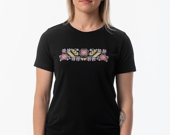 Ukraine Cotton T-Shirt for Women, Ukrainian Traditional Ornament T-Shirt with embroidery "Polyova" black, T-Shirt Vyshyvanka