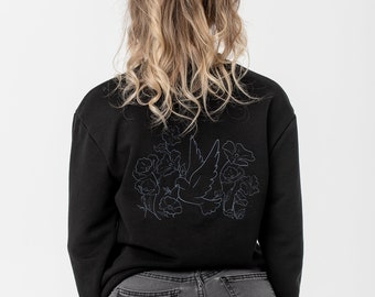 ウクライナ コットン製レディース スウェットシャツ、刺繍入りスウェットシャツ「平和の鳩」ブラック、刺繍入りレディース スウェットシャツ