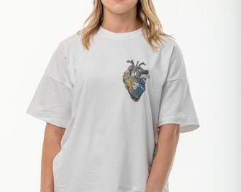 Ukraine Cotton oversized T-shirt for Women, T-shirt with embroidery "Heart of steel" white, Ukrainian T-Shirt, Support Ukraine