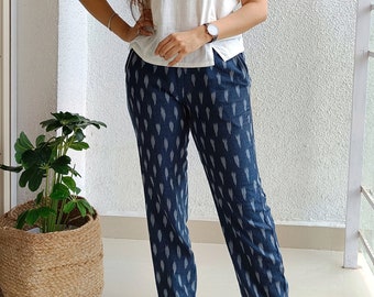 Navy Ikat lounge pants, Handwoven ikat, pure cotton pants, women's wear daily, indian fabrics