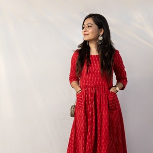 Crimson Red woven ikat dress with front pockets, Calf length dress, handwoven, sustainable, women's wear image 1