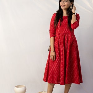 Crimson Red woven ikat dress with front pockets, Calf length dress, handwoven, sustainable, women's wear image 3