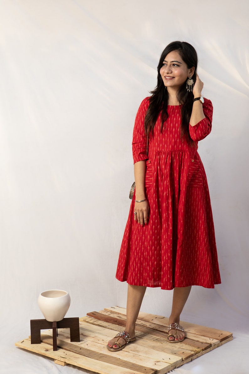 Crimson Red woven ikat dress with front pockets, Calf length dress, handwoven, sustainable, women's wear image 3