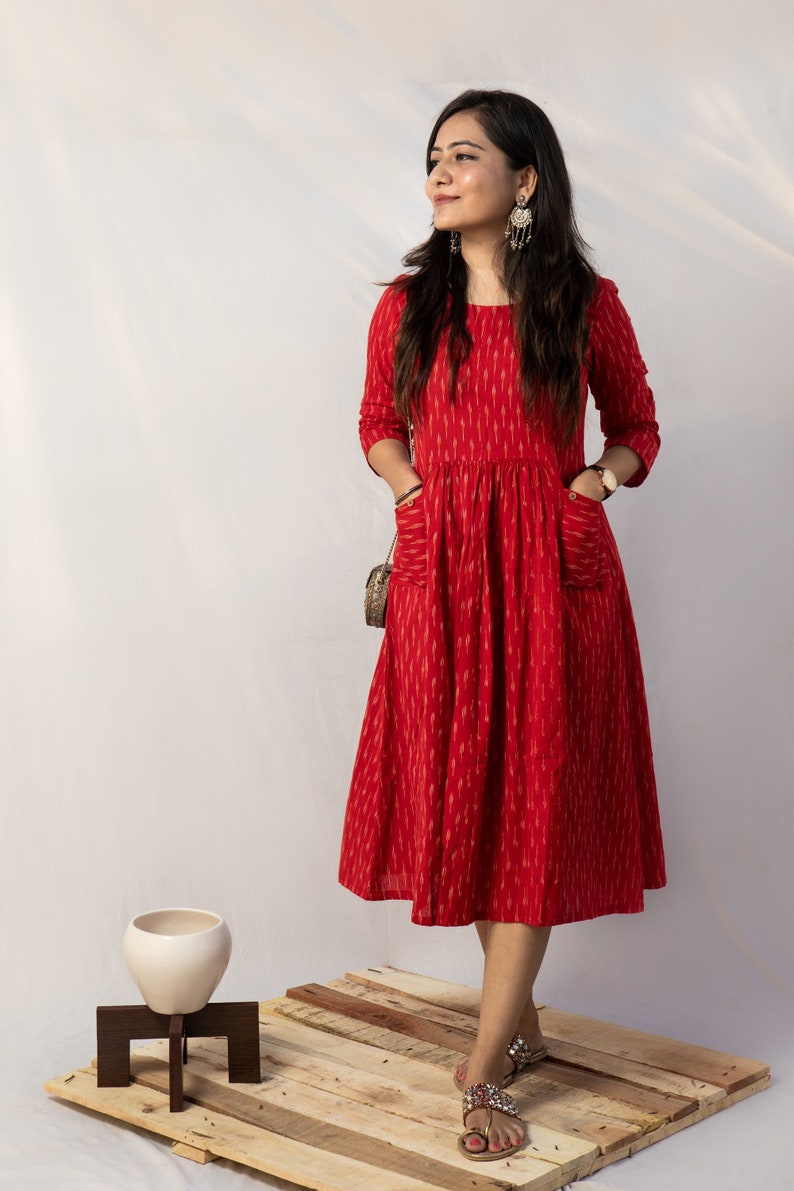 Crimson Red woven ikat dress with front pockets, Calf length dress, handwoven, sustainable, women's wear image 1