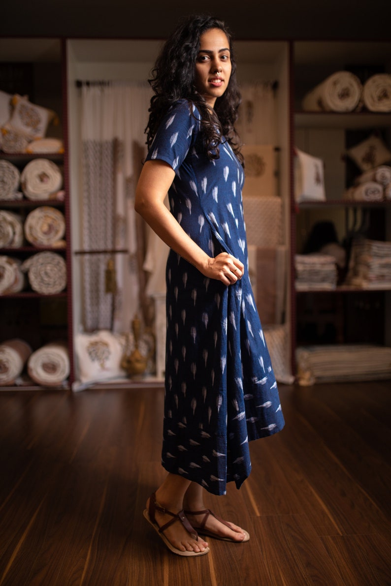 Navy blue high low ikat dress, woven ikat, lounge wear image 3