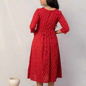 Crimson Red woven ikat dress with front pockets, Calf length dress, handwoven, sustainable, women's wear image 4