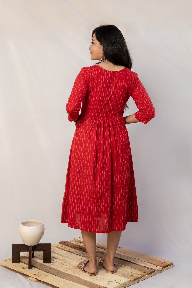 Crimson Red woven ikat dress with front pockets, Calf length dress, handwoven, sustainable, women's wear image 4