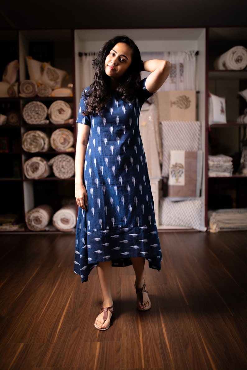 Navy blue high low ikat dress, woven ikat, lounge wear image 2