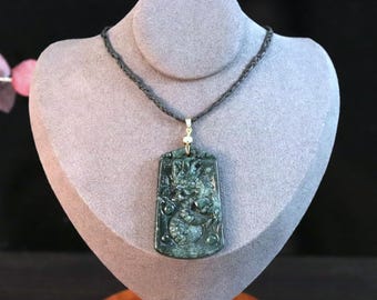 Carved Green Jade Dragon Pendant Necklace: Feng Shui Amulet