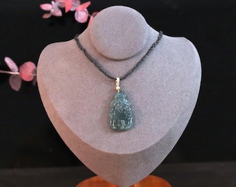 Carved Green Jade Caishen Pendant Necklace - God of Wealth Amulet